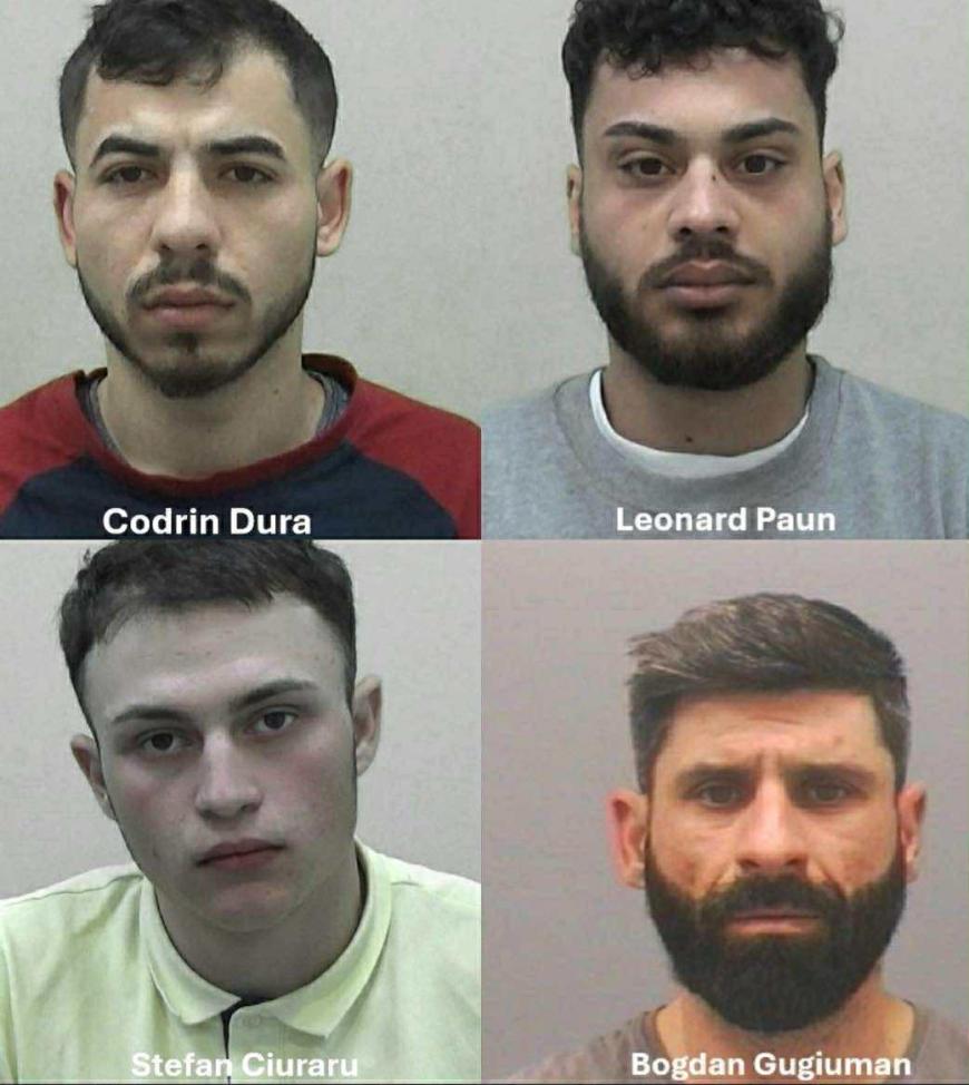 Ștefan Ciuraru, Codrin Dura, Bogdan Gugiuman, Leonard Păun, arestați în Anglia. Sursa foto: Northumbria Police 
