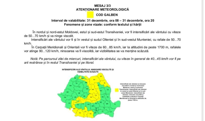 Harta cu judetele vizate de avertizarea meteo generală de la ANM