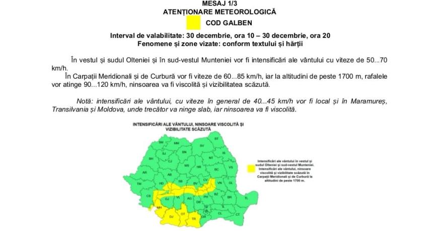 Harta cu judetele vizate de avertizarea meteo generală de la ANM