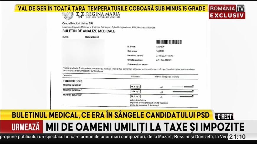 Daniel Băluță acuză o posibilă otrăvire cu arsenic. Ce arată analizele? Dr. Ciuhodaru explică riscurile