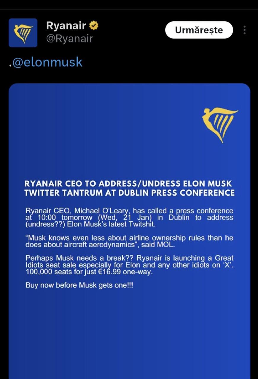 Schimb de replici acide între Ryanair și Elon Musk pe X