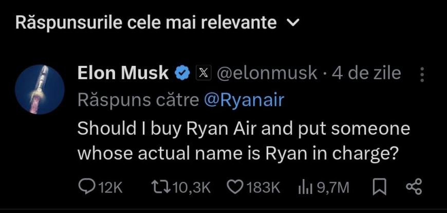 Schimb de replici acide între Ryanair și Elon Musk pe X