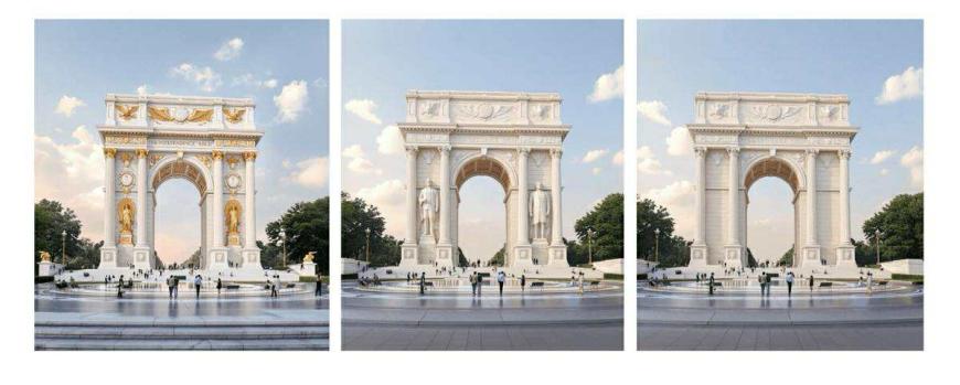 Președintele american Donald Trump și simulări pentru Arcul de Triumf din Washington, după modelul celui din Paris, Franța. Sursa foto: Trump, Truth Social