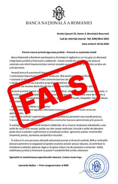Document fals atribuit BNR. Sursa foto: www.bnr.ro