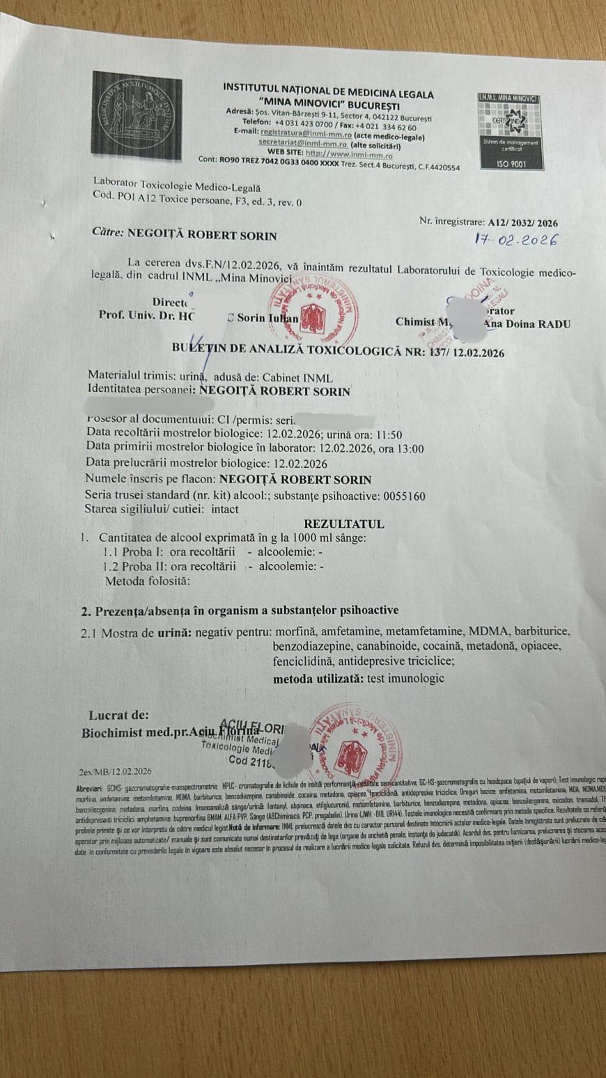 INML, rezultat test antidrog pentru Robert Negoiță