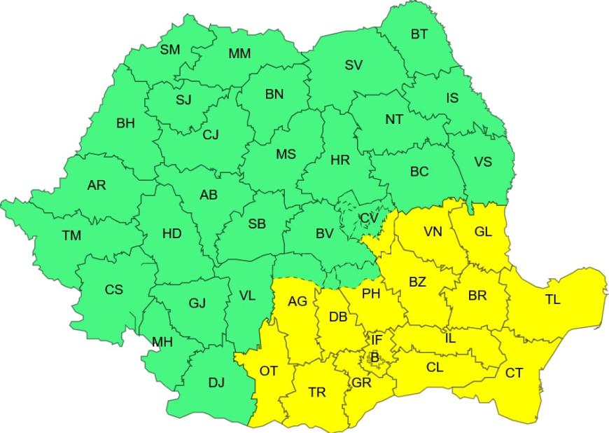 Harta zonelor vizate de avertizare Cod Galben de ninsori și viscol. Sursa foto: ANM