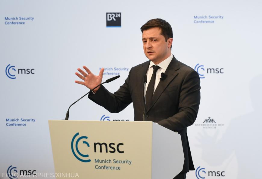 Volodimir Zelenski, discurs la Conferința de Securitate de la Munchen, februarie 2022. Sursa foto: Agerpres