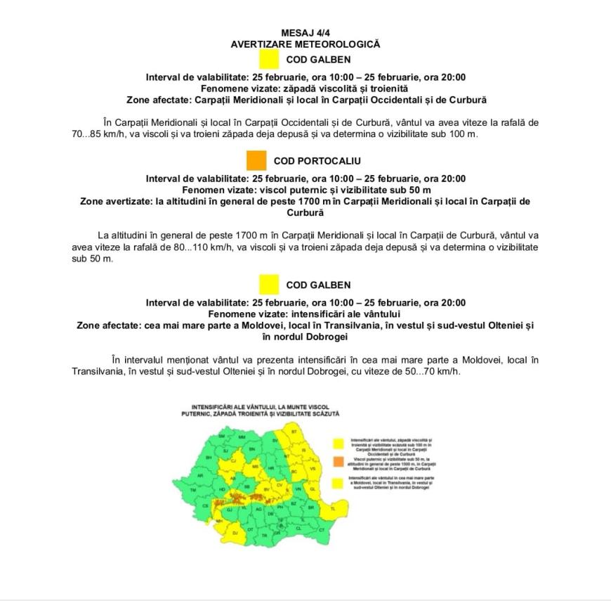 Mai multe avertizări meteo au fost emise și pentru ziua de 25 februarie. Foto: ANM