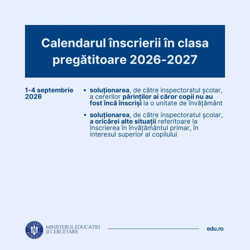 Calendarul pentru înscrierea copiilor în clasa pregătitoare în anul școlar 2026 – 2027. FOTO