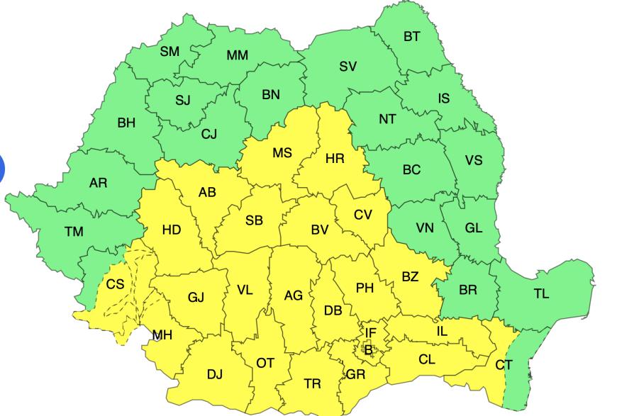 Se schimbă radical vremea. A fost emis Cod Galben de vânt puternic, precipitații abundente și ninsori. Harta ANM