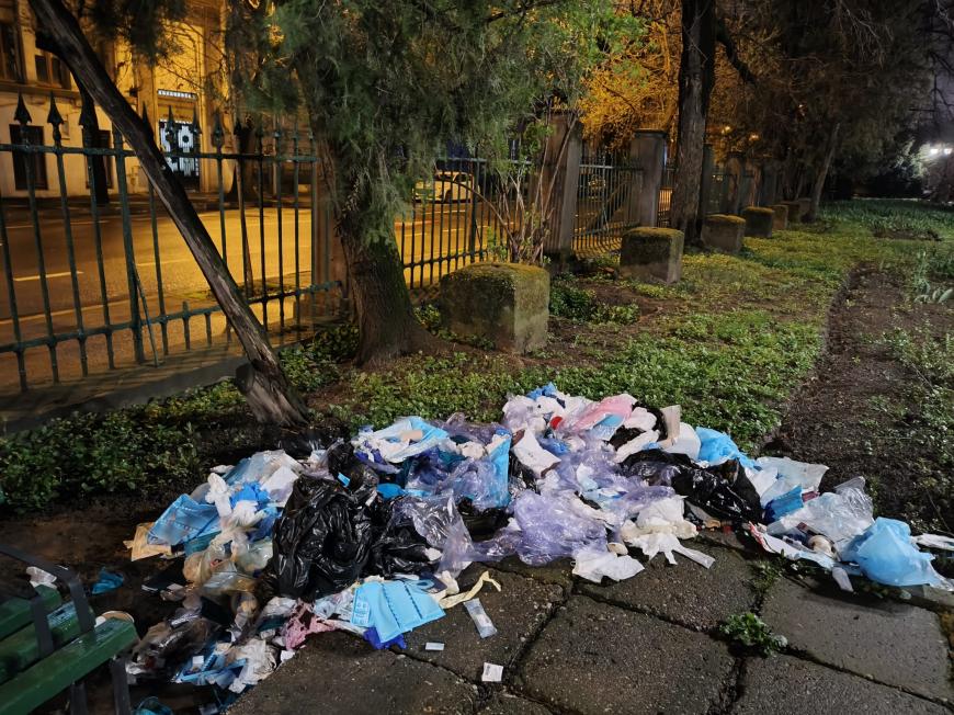 Gunoaie aruncate în Parcul Cișmigiu de către o clinică stomatologică. Sursa foto: Primăria Municipiului București, Facebook