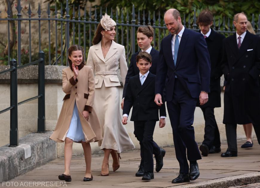 Familia moștenitoare a Marii Britanii. De la stânga la dreapta: Prințesa de Wales (Kate), Prințul George, Prințul Louis și Prințul de Wales (William). Sursa foto: Agerpres