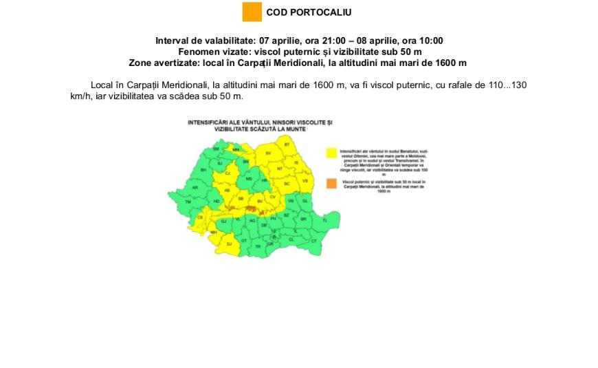 ANM, val de avertizări meteorologice: Coduri Gelbene și Portocalii de viscol și vânt puternic. Zonele vizate