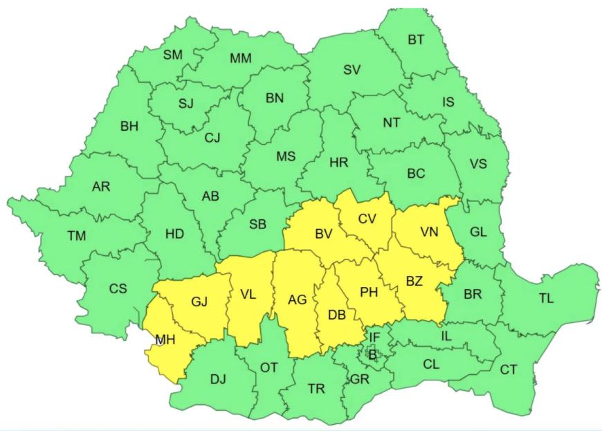 ANM: Informare meteorologică de ploi torențiale, grindină și vânt puternic