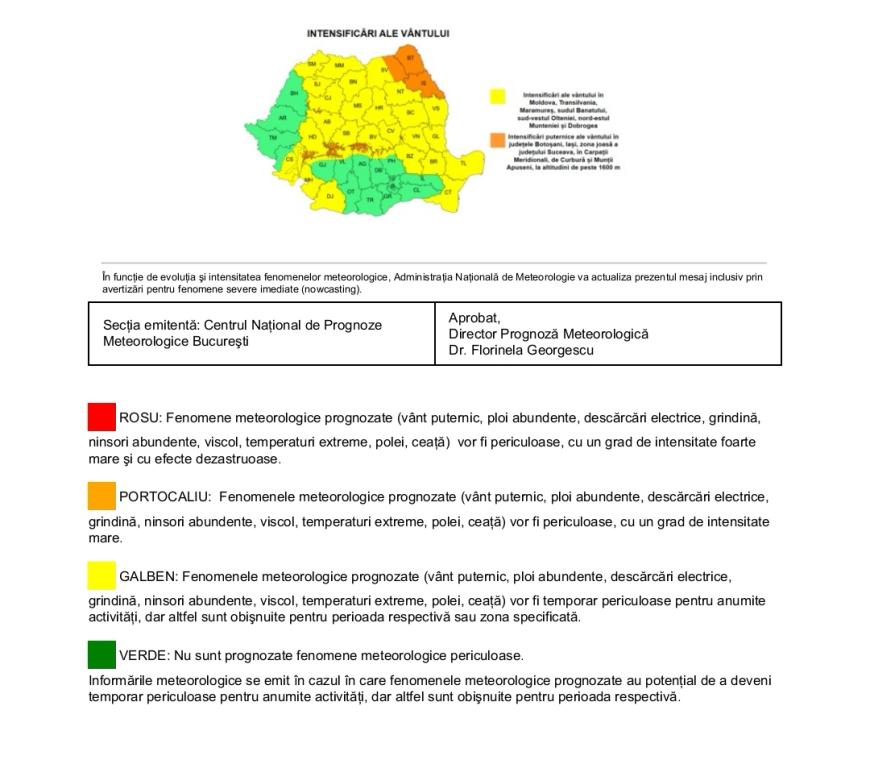 ANM a emis Cod Galben și Cod Portocaliu de vânt puternic