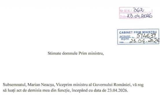 DOCUMENT - Demisia vicepremierului PSD, Marian Neacșu. Sursa foto: Digi24