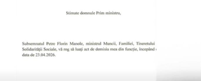 DOCUMENT - Demisia Ministrului PSD al Muncii, Florin Manole. Sursa foto: Digi24