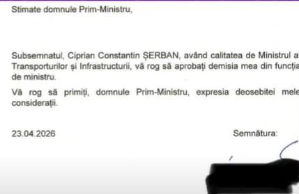 DOCUMENT - Demisia Ministrului PSD al Transporturilor, Ciprian Șerban. Sursa foto: Digi24