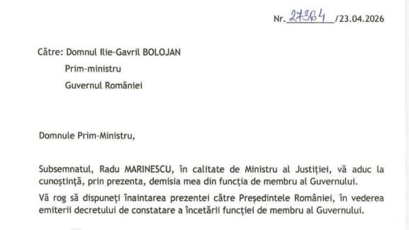 DOCUMENT - Demisia Ministrului PSD al Justiției, Radu Marinescu. Sursa foto: Digi24