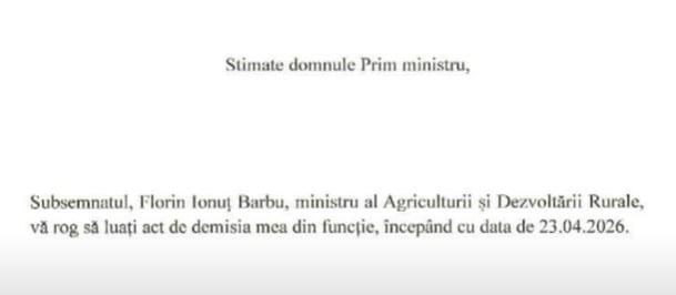 DOCUMENT - Demisia Ministrului PSD al Agriculturii, Florin Barbu. Sursa foto: Digi24
