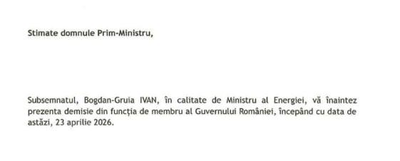DOCUMENT - Demisia Ministrului PSD al Energiei, Bodgan Ivan Manole. Sursa foto: Digi24