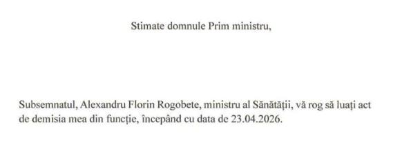DOCUMENT - Demisia Ministrului PSD al Sănătății, Alexandru Rogobete. Sursa foto: Digi24