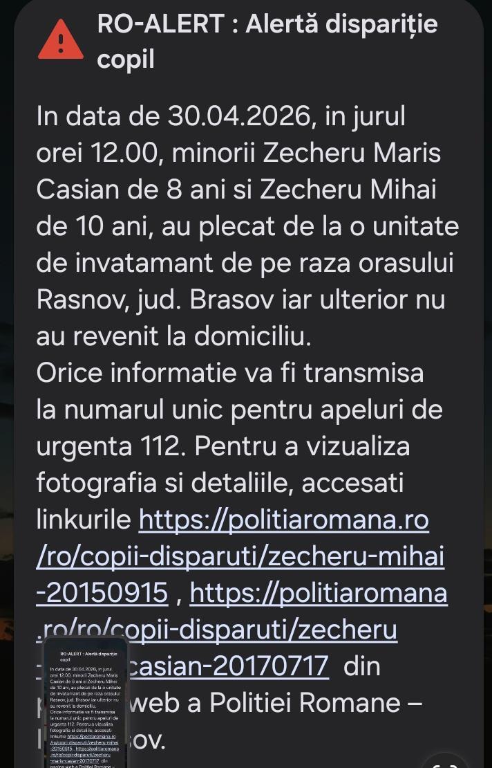 Doi frați de 9 și 11 ani, dispăruți din Râșnov. Autoritățile cer ajutorul populației
