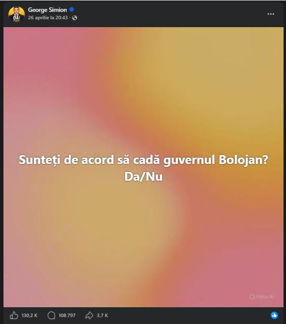 George Simion îşi întreabă urmăritorii dacă AUR ar trebui să voteze moţiunea de cenzură