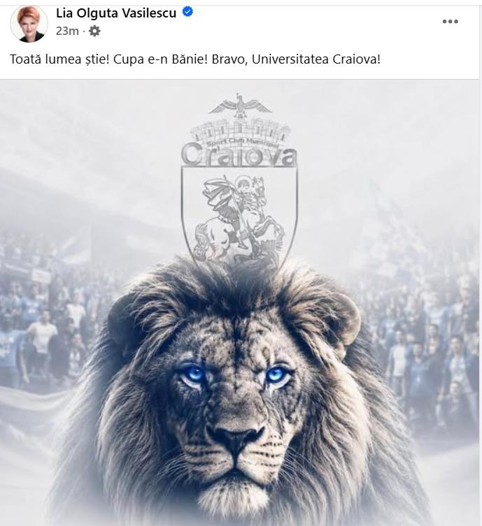 Lia Olguța Vasilescu, prima reacție după ce Universitatea Craiova a câștigat Cupa României