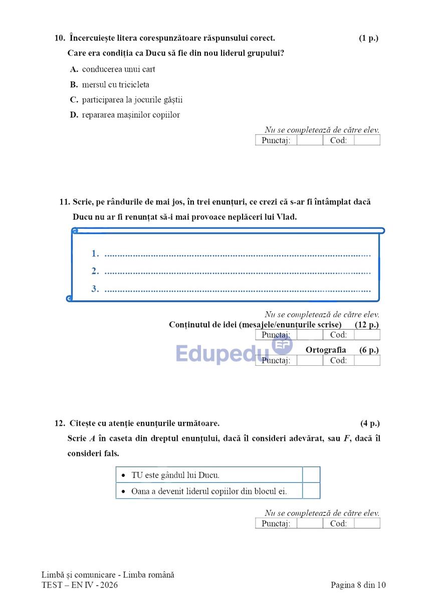 Evaluare Națională, clasa a IV-a. Elevii susțin proba la Limbă şi comunicare - Limba română