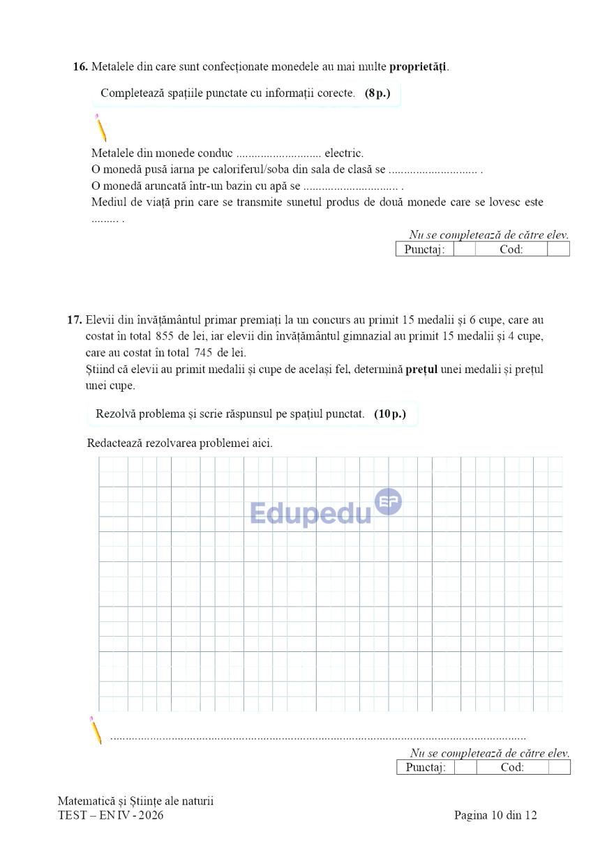 Evaluare Națională, clasa a IV-a. Elevii susțin proba la Matematică şi Ştiinţe ale naturii
