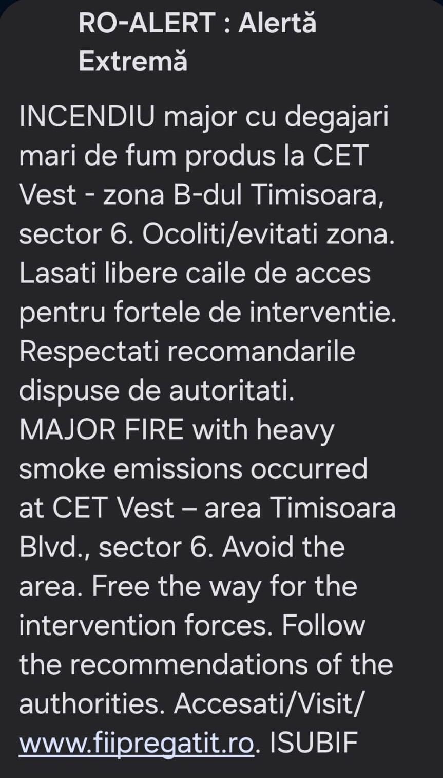 Nou incendiu la CET Vest. Avertizare RO-ALERT