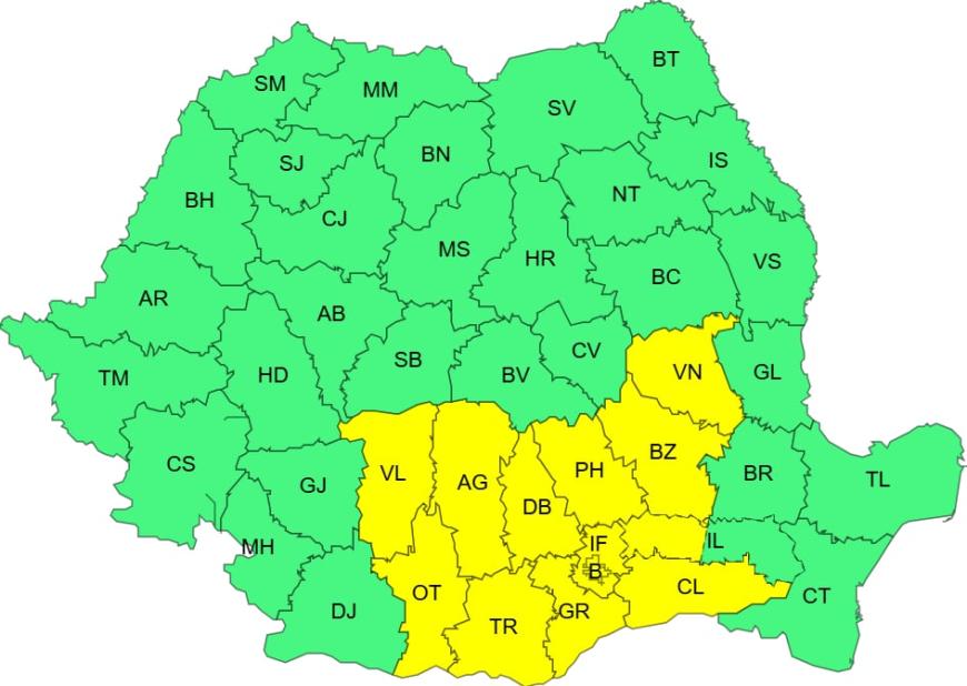 Cod Galben de furtuni, instabilitate atmosferică în cea mai mare parte a Munteniei, estul Olteniei și sud-vestul Moldovei; Sursa foto: ANM