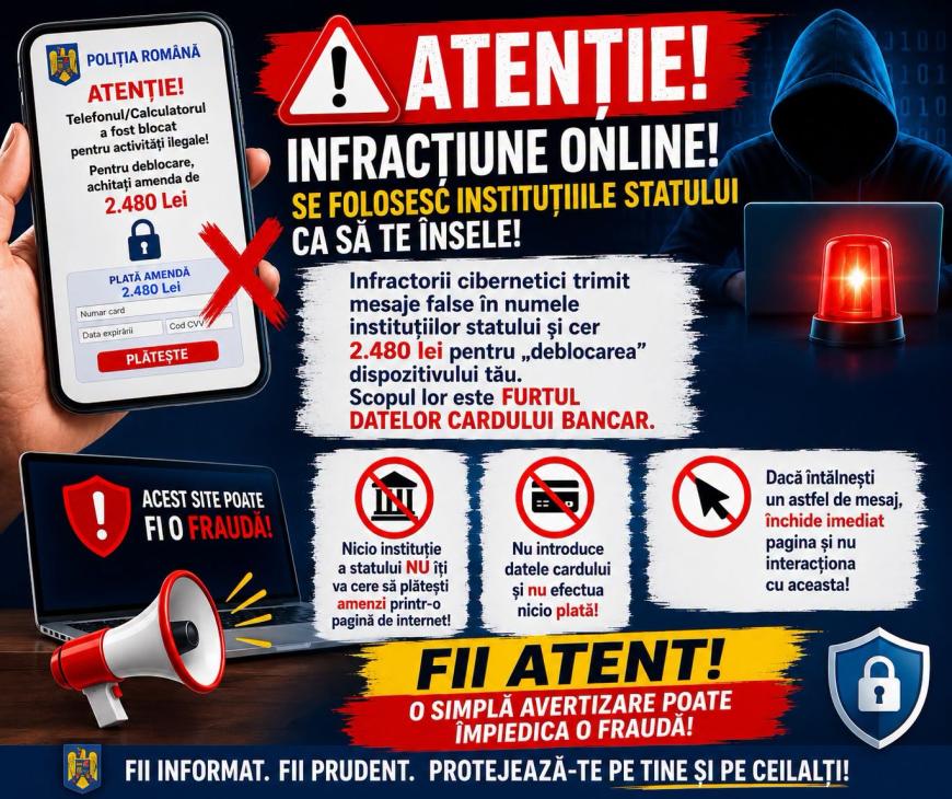 O nouă metodă de fraudă online, avertisment de la MAI: Atenție la mesajele care cer bani pentru „deblocarea” telefonului / FOTO: Facebook @Ministerul Afacerilor Interne