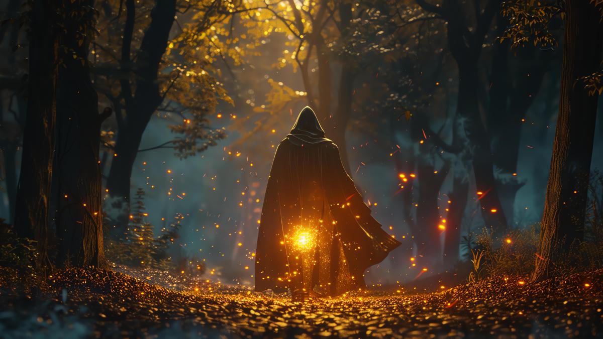 image-is-dark-forest-with-mysterious-figure-cloak-walking-through-it-figure-is-carrying-glowing-orb_94530600