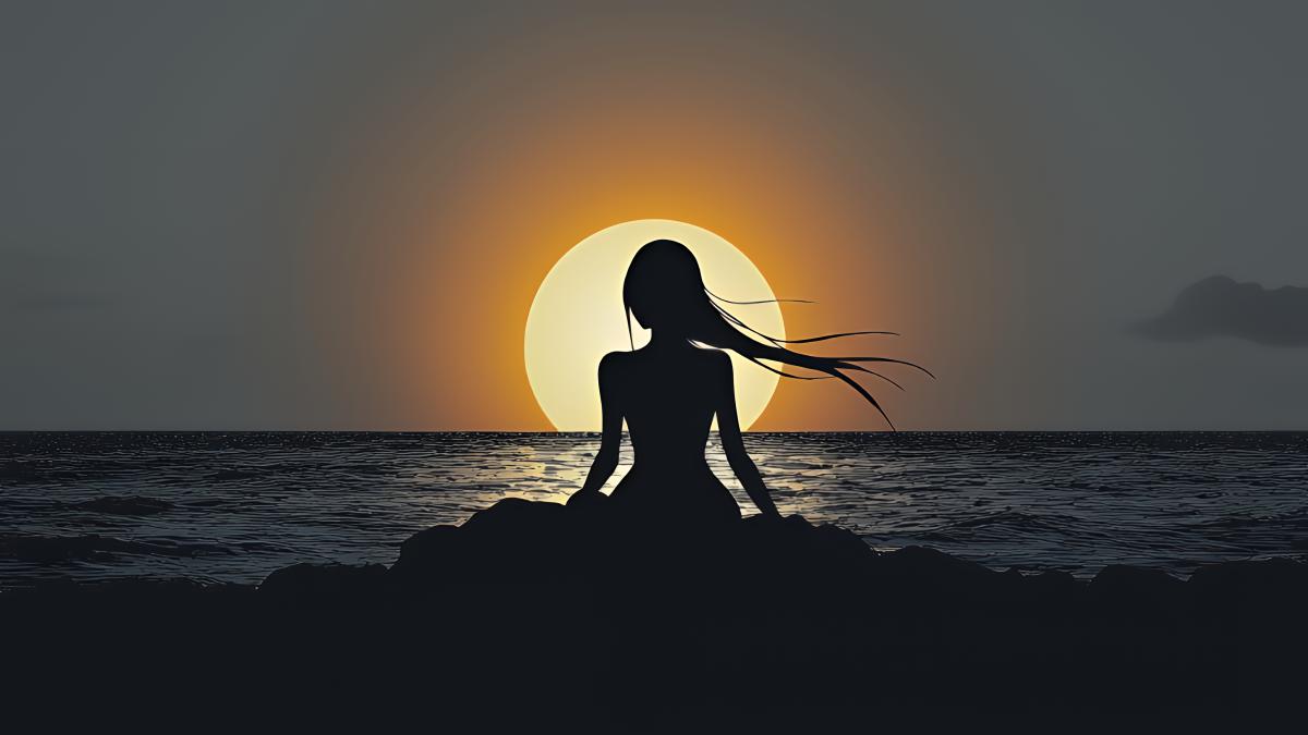 silhouette-woman-sitting-rock-sunset_52606700