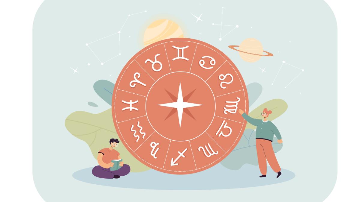 Tiny persons and horoscope circle with zodiac signs