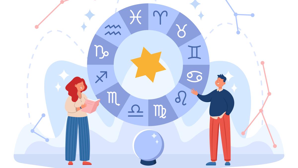 Imagie simbolul zodiacului și două persoane
