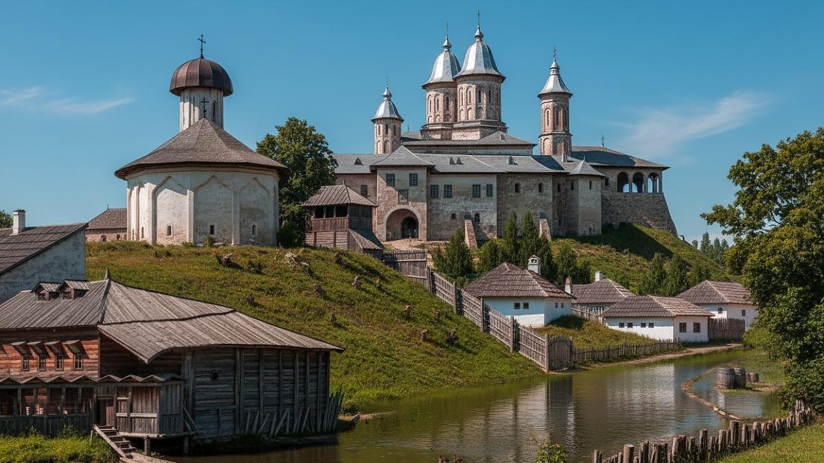 biserica bucur si manastirea radu voda realizate cu AI după un desen vechi in creion