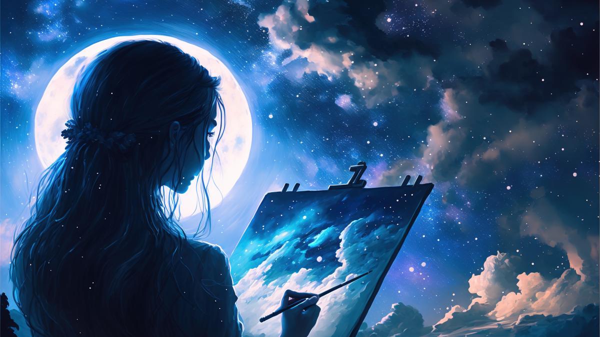 peisaj anime fata picteaza spatiu luna