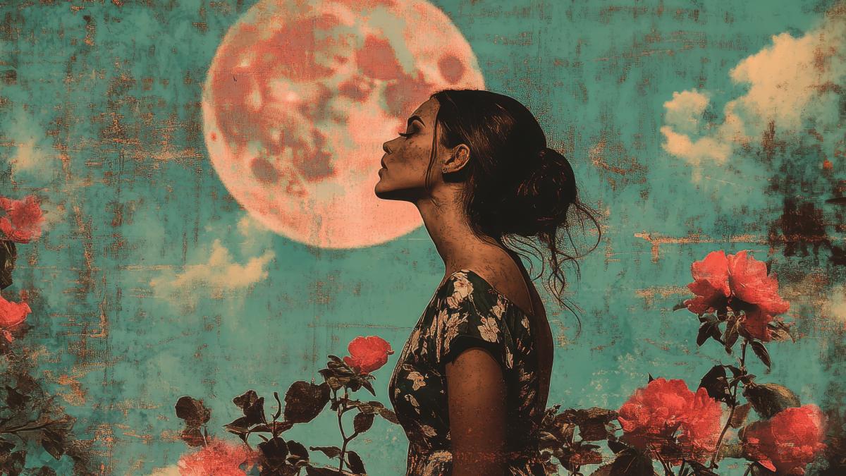 colaj retro femeie flori luna