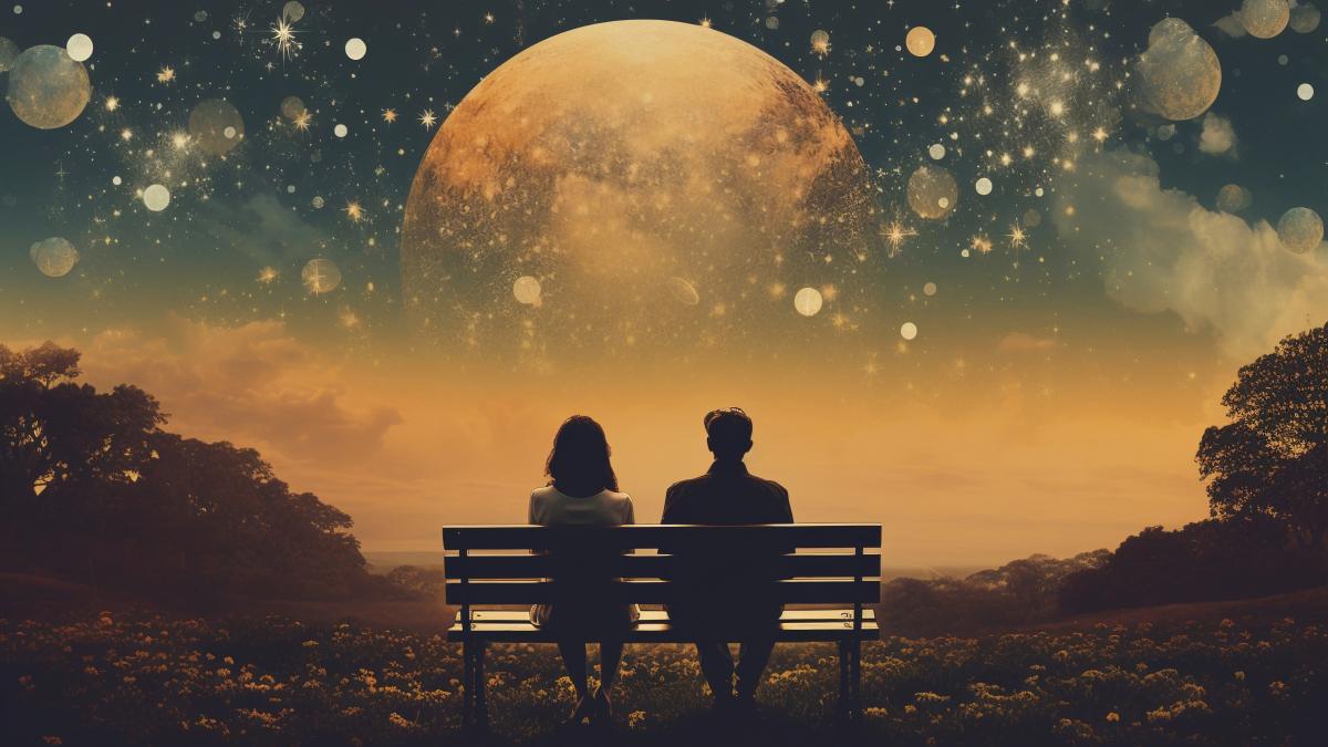 colaj retro cuplu se uita la luna