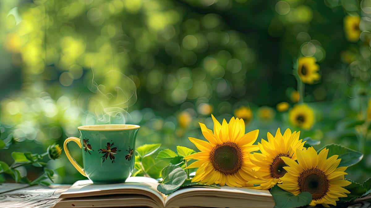 dimineata vara carte cani cafea floarea soarelui