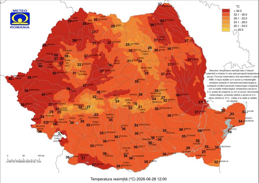 Temperaturile resimțite la această oră în țară: zona cu 39 - 40 de grade la ora 12:00