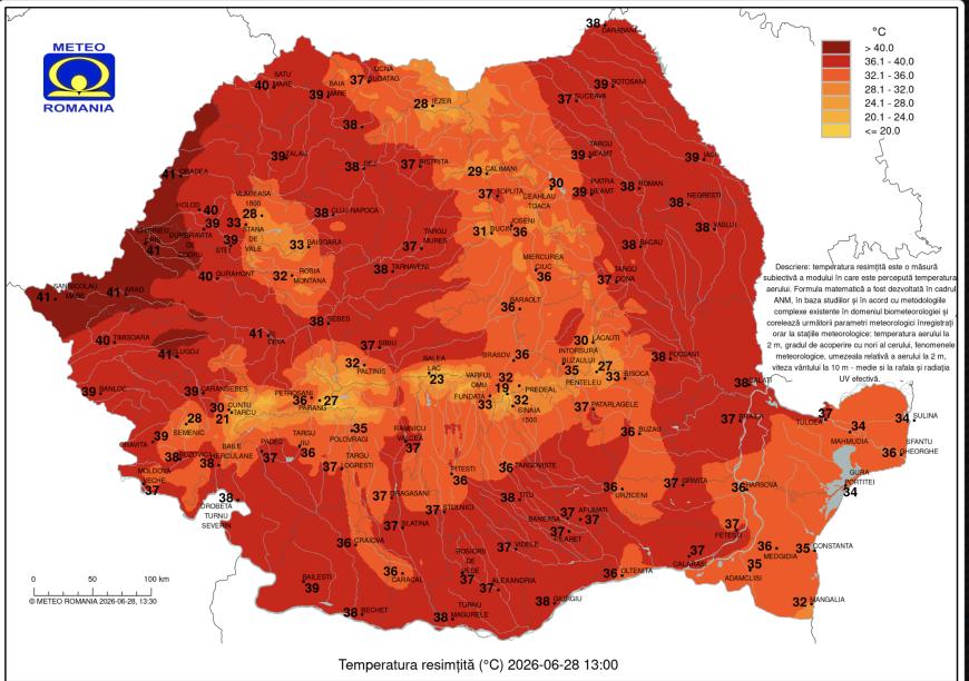 Temperaturile resimțite la această oră în țară: zona cu 39 - 40 de grade la ora 12:00