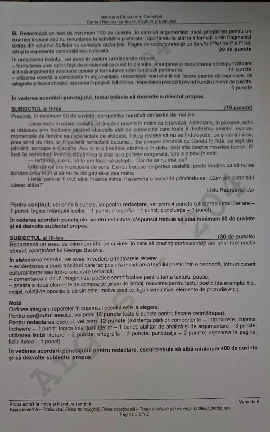 Bacalaureat Limba şi literatura română. Subiecte Bac 2026