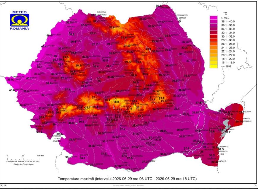 Harta temperaturii din România. 29 iunie, ziua recordurilor de căldură 