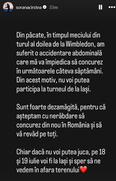 Sorana Cîrstea, anunț despre retragerea de la WTA 250 Iași. Captură de ecran Instagram @soranacirstea