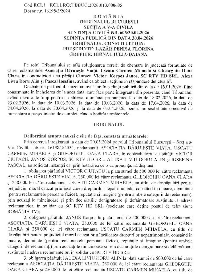 Le-a dat cât au cerut! Judecătoarea Tribunalului București a decis ca Victor Ciutacu să dea 1 milion de lei către ”Dăruiește Viață” pentru că... ”pare că”