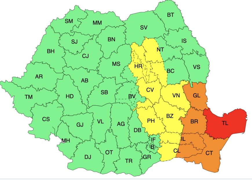 ANM: Avertizări de Cod Galben, Cod Portocaliu și Cod Roșu pentru următoarele ore 